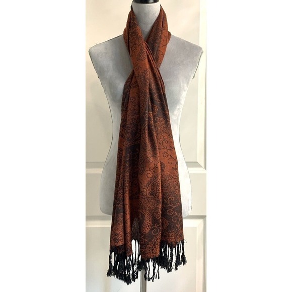 Pashmina Paisley Rectangular Wrap Scarf Fringed Shawl Luxury Burgundy Red Cozy - Picture 2 of 5